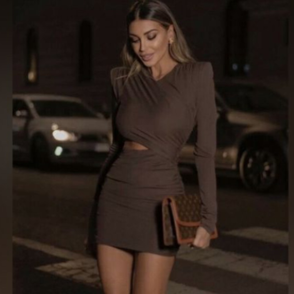 ZARA BROWN SHOULDER PAD MINI DRESS SIZE XS SOLD OUT ONLINE LIKE NEW